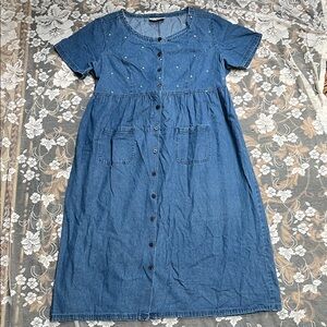 Denim Button-Down Dress 100% Cotton Maxi Short Sleeve